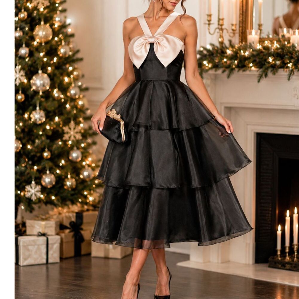 Lulus Black Organza Tiered Midi Dress Cream Bow Coquette Formal M Balletcore